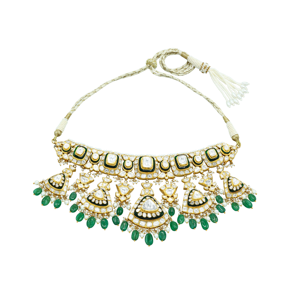 Polki Choker Set with Green Enamel and Emerald Drop Details
